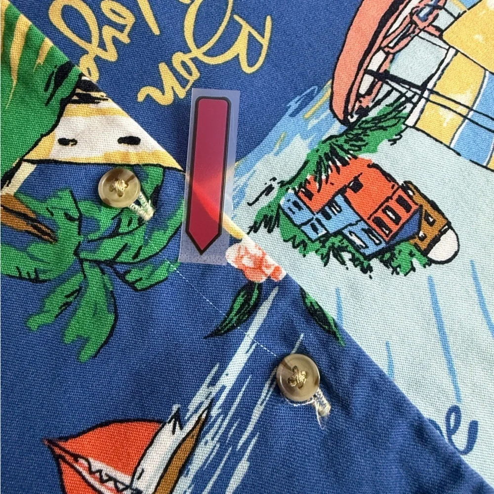 NEW Old Navy Women’s Button-Down Playa Shirt “Bon Voyage” Print Blue Sz S